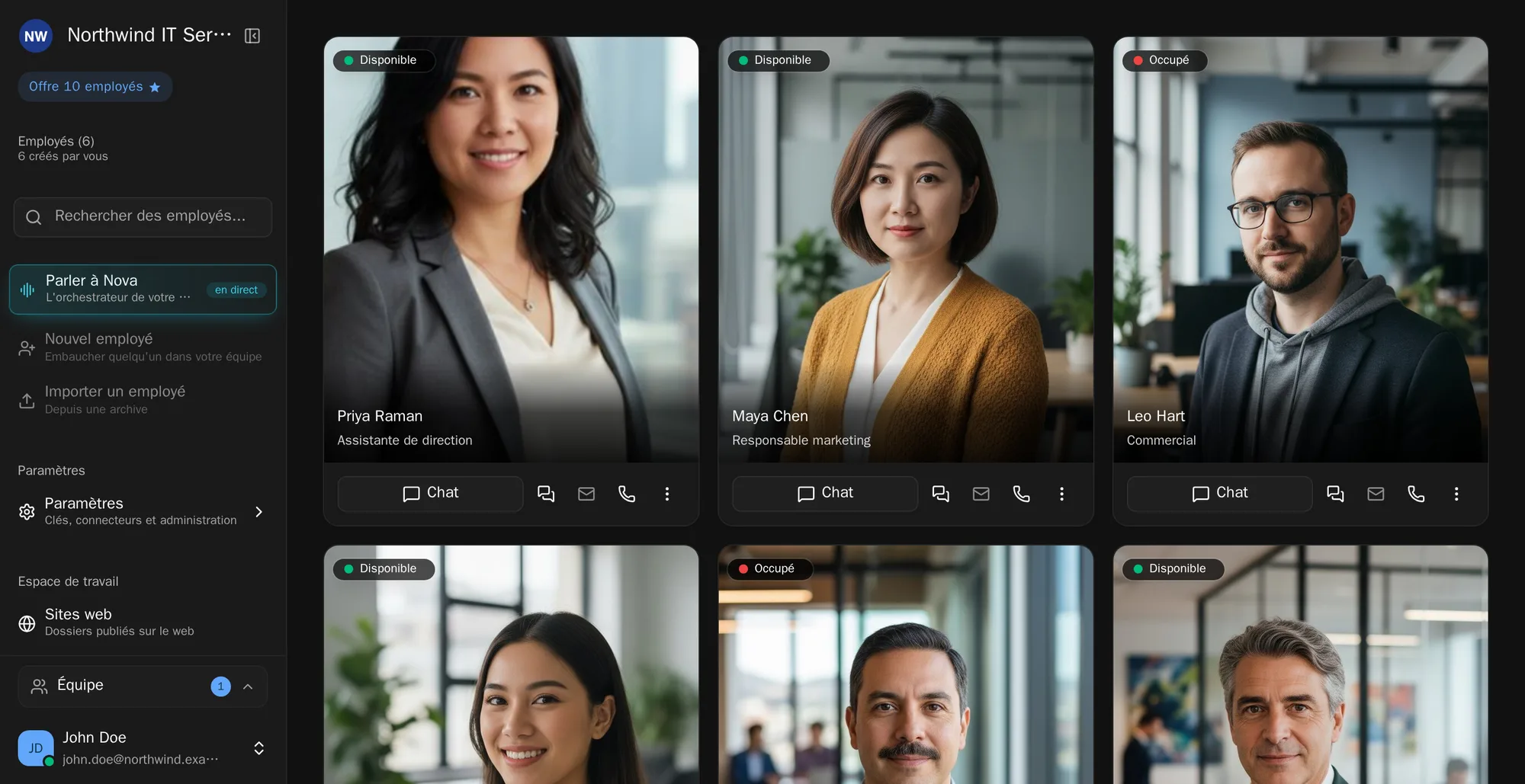 Le tableau de bord Geta.Team dans l'app desktop : vos employés IA, chacun avec son statut, prêts pour un chat ou un appel.