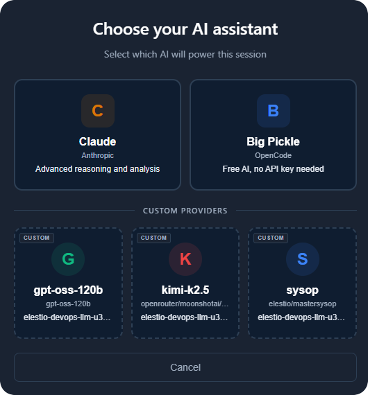 Choose your AI assistant - Claude, Gemini, Ollama, or custom provider