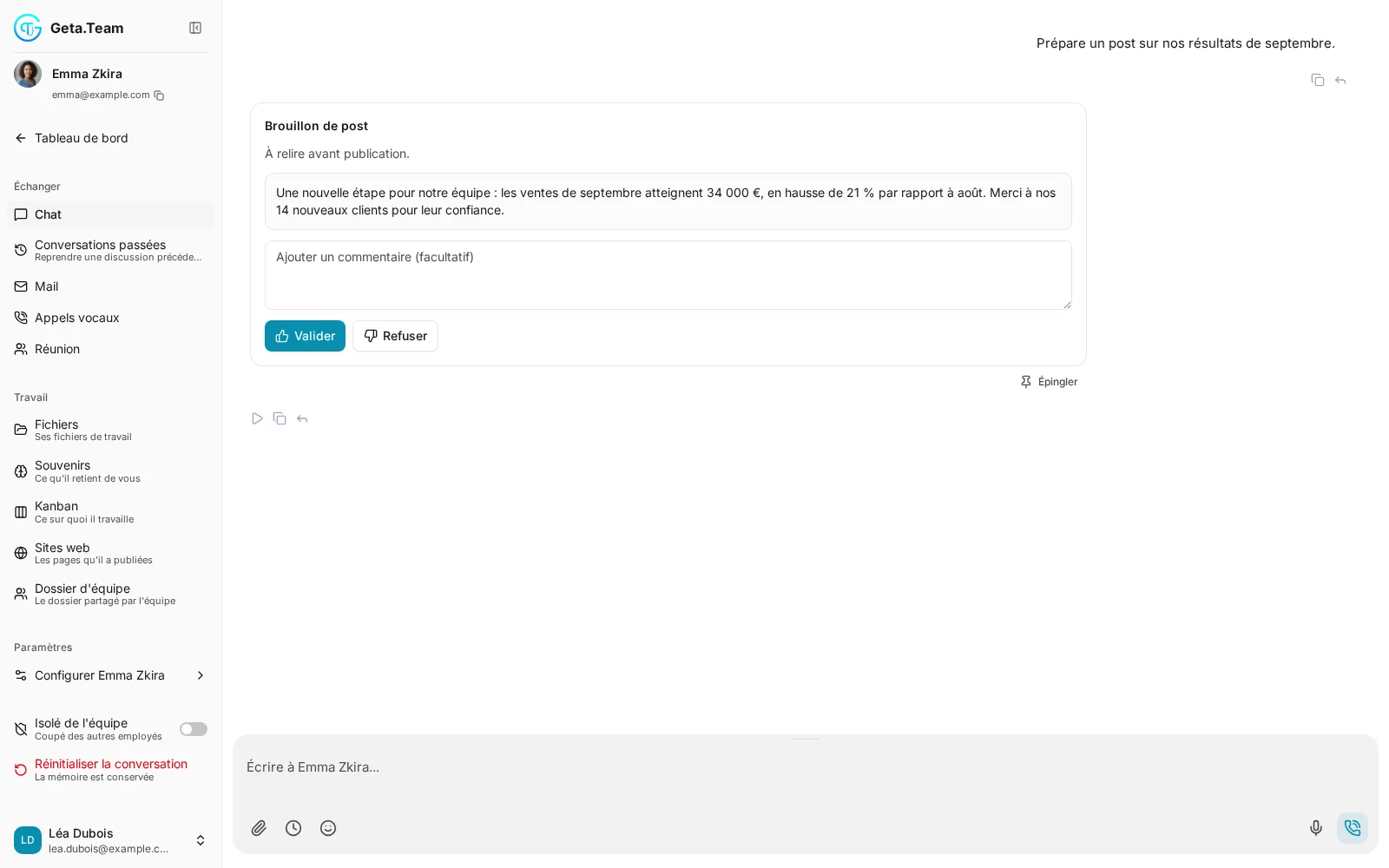 Une vraie réponse dans le chat Geta.Team · Valider ou refuser