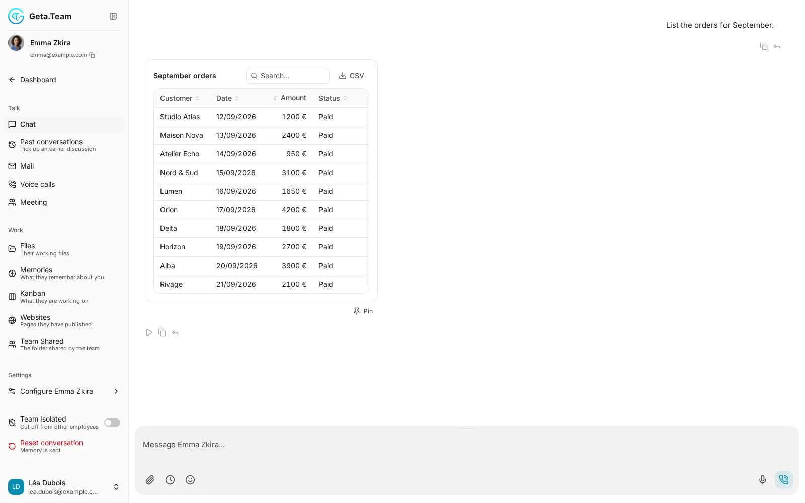 A real Geta.Team chat answer · Tables you can work with