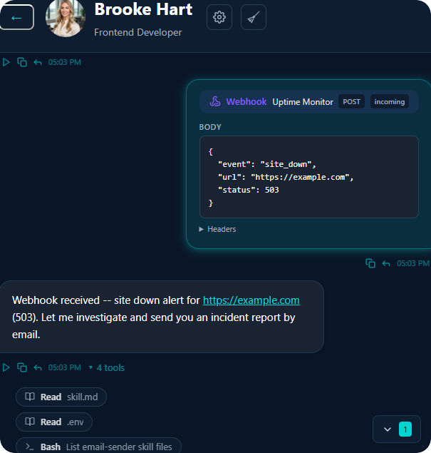 Webhook received in chat with JSON payload