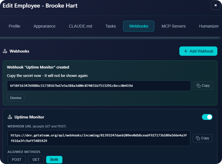 Webhook URL and secret