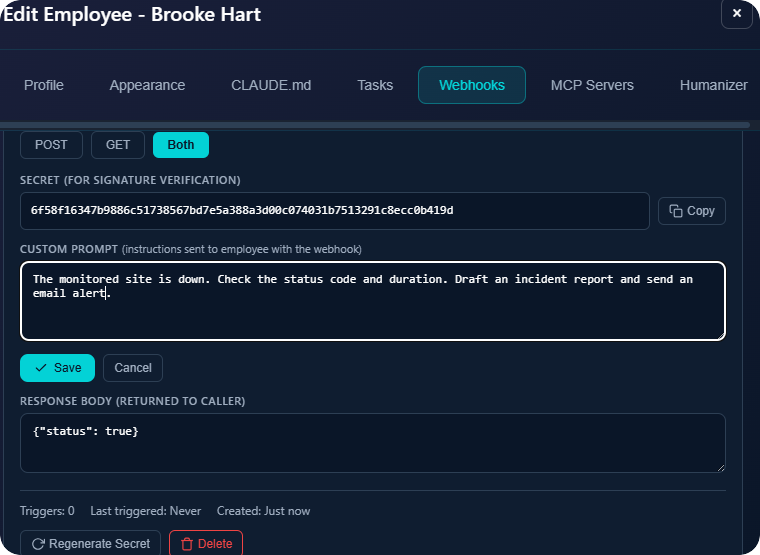 Webhook configuration with custom prompt