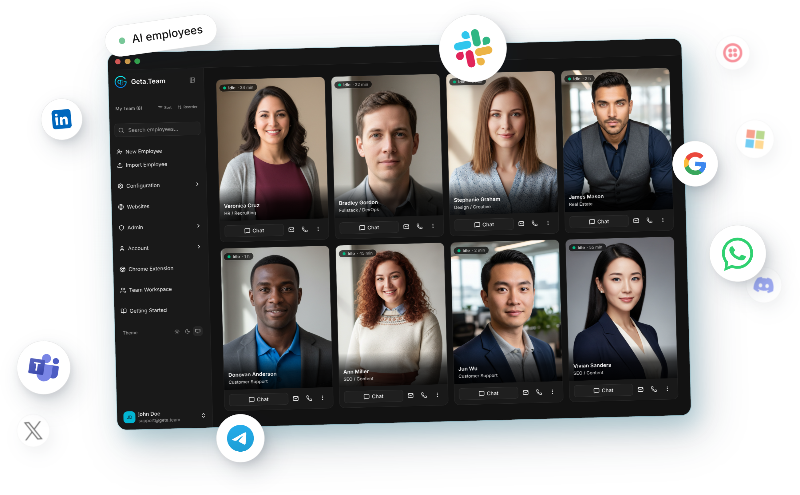 Geta.Team AI workspace with employees, LLM tiers and integrations
