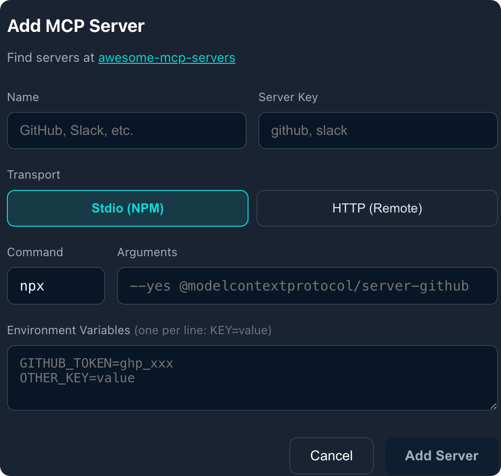 Add MCP Server - Configure with NPM or HTTP